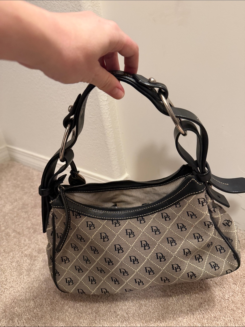 Dooney & Bourke Beige Logo Shoulder Bag with Black Trim